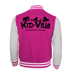 Kid Villa | Youth Letterman Jacket | Hot Pink/Heather Gray